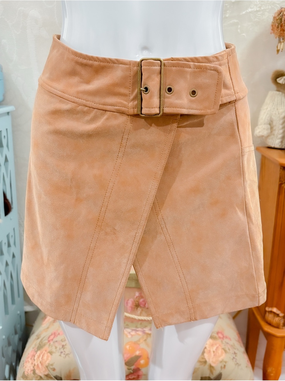 Boho western girly sand sable buckle belt waist casual mini skirt